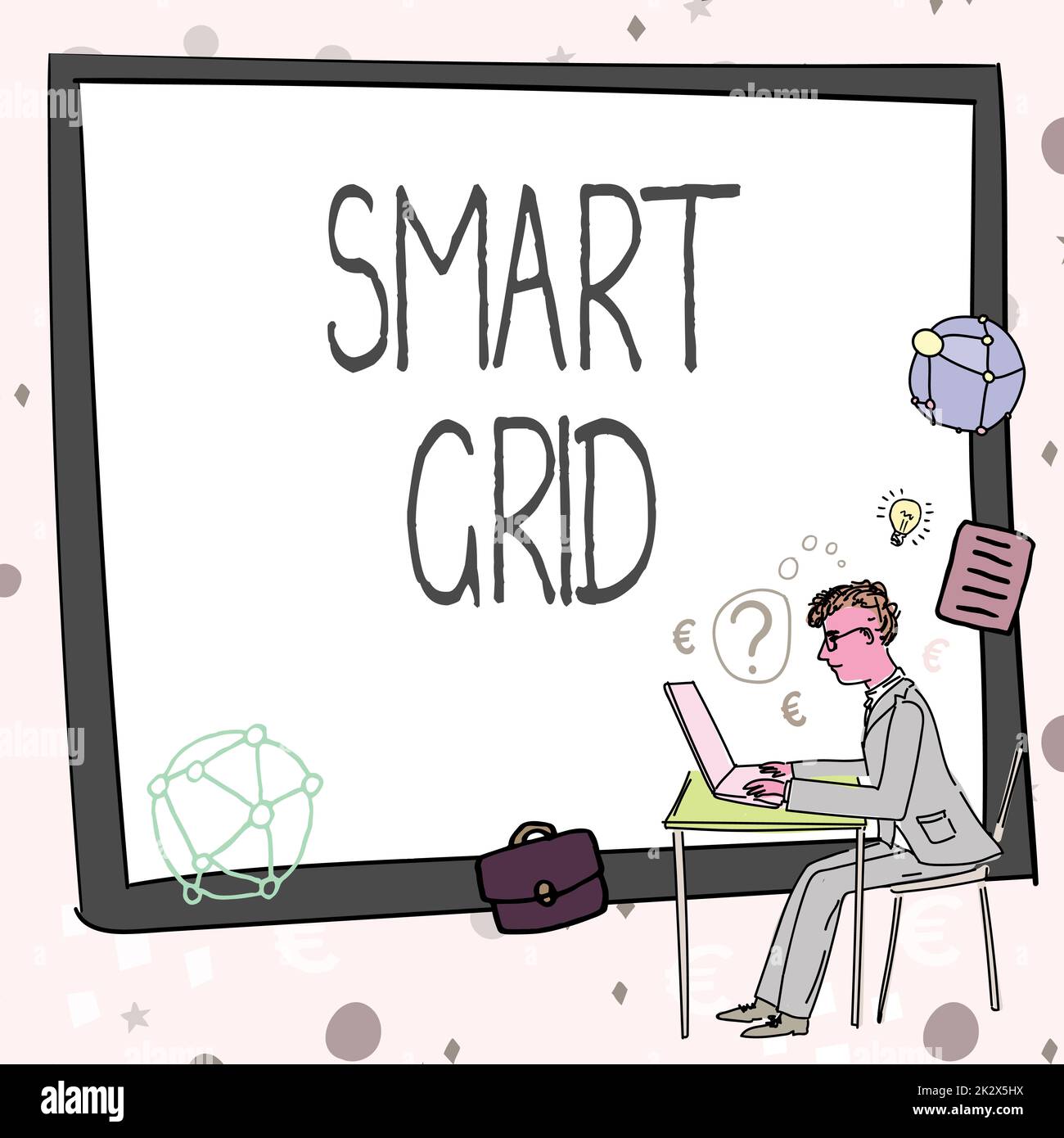 Inspiration mit Schild „Smart Grid“. Das Geschäftskonzept umfasst Betriebs- und Energiemessungen, darunter Messgeräte, der am Computer arbeitet und die erfolgreiche Erstellung einer Geschäftsstrategie repräsentiert. Stockfoto