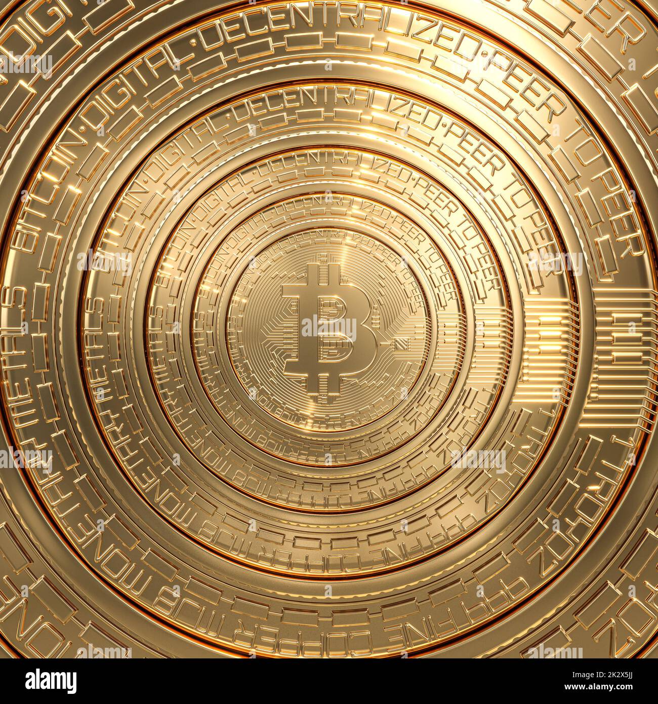 Goldener Hintergrund von Bitcoin-Münzen. Stockfoto