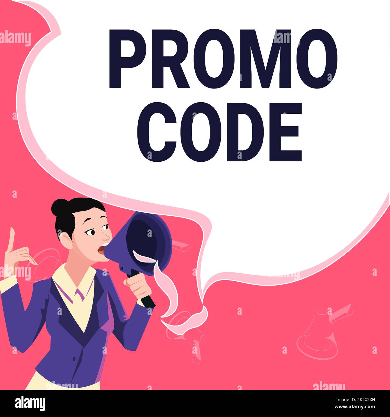 Handgeschriebener Text - Aktionscode. Digitale Zahlen für den Geschäftsansatz, die Ihnen einen guten Rabatt auf bestimmte Produkte gewähren weibliche Führungskraft hält ein Megafon, das ermutigende Ideen ausdrückt. Stockfoto