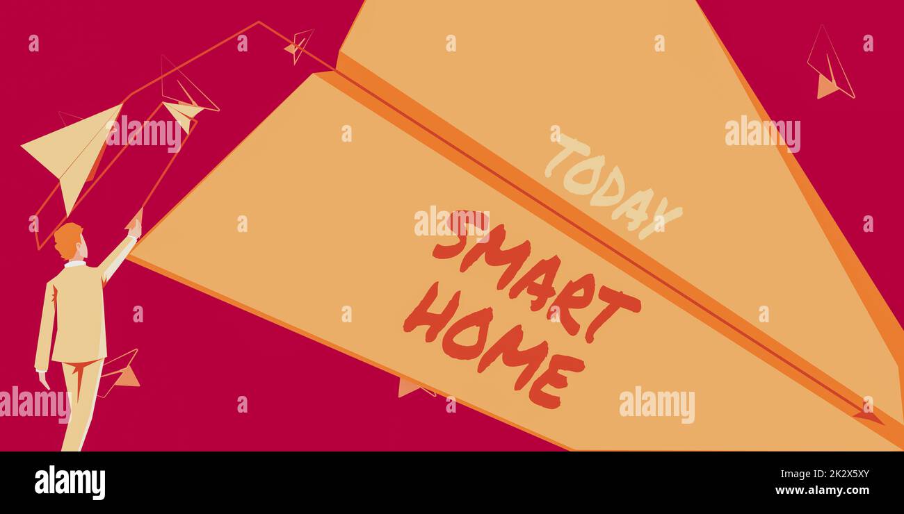 Schreiben mit Anzeige von Text Smart Home. Internet Concept Automation System Steuerung Beleuchtung Klima Entertainment Systeme man fliegt Papierflugzeug repräsentiert innovative Pläne Ziele zu erreichen. Stockfoto