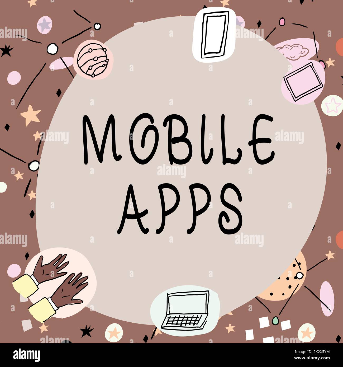 Textzeichen mit mobilen Apps. Geschäftsansatz kleine Programme sind für Smartphones wie App Store oder App Store konzipiert Blanker Rahmen mit modernen wissenschaftlichen Symbolen, die Technologie anzeigen. Stockfoto
