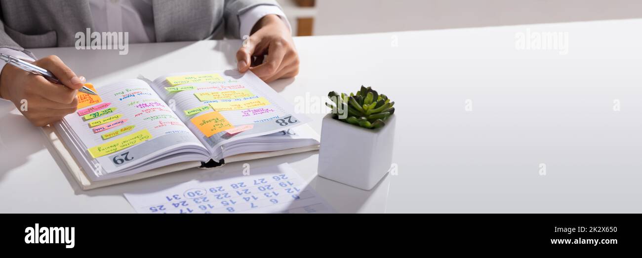 Geschäftsfrau, die Tagesordnung auf der Persönlichen Organizer Stockfoto