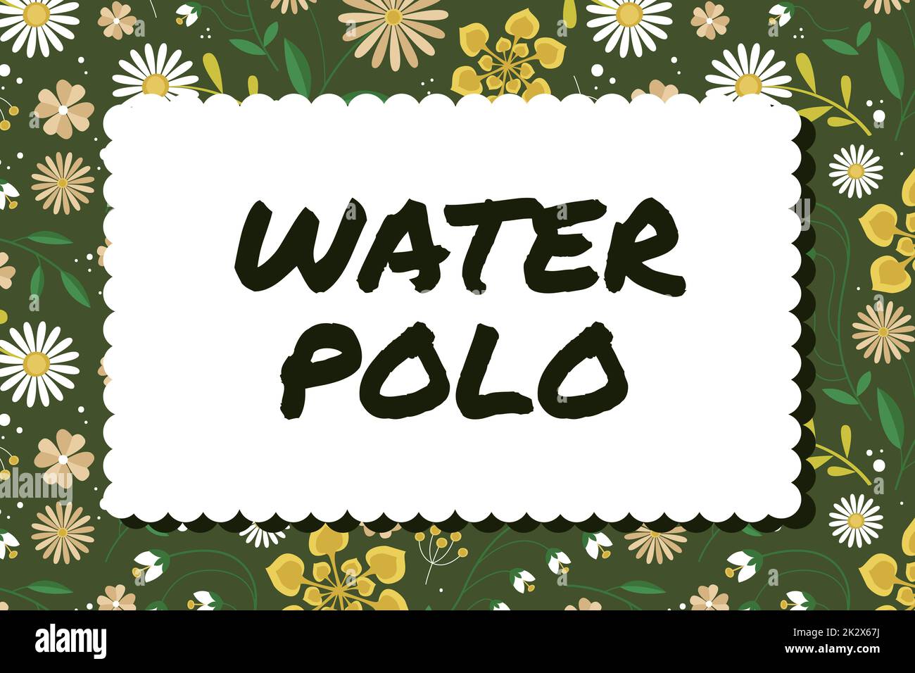 Konzeptionelle Darstellung Wasserpolo. Ein Wort über den Wettkampfsport der Mannschaft, der zwischen zwei Teams im Wasser gespielt wurde Rahmen mit farbenfrohen Blumen und Blattwerk harmonisch gestaltet. Stockfoto
