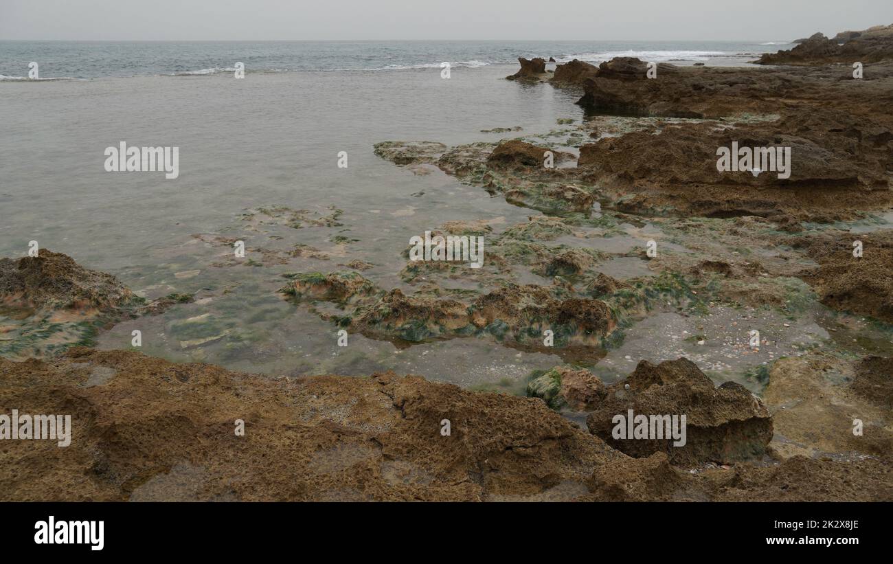 Vulkanogene Felsplatte, gefüllt mit Gezeitenwasser an der Küste. Vulkanisches Gestein am Rand des klaren Meerwassers. Natürliches felsiges Wellenbrecher an der Küste Stockfoto