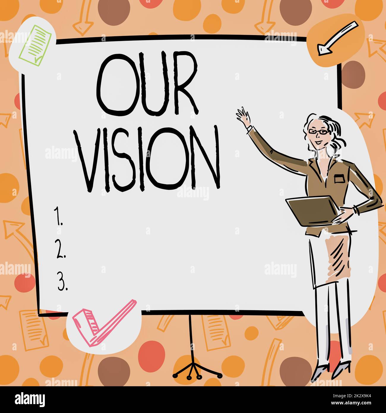Inspiration zeigt Zeichen unserer Vision. Business Showcase Plan für die nächsten fünf bis zehn Jahre über Unternehmensziele, die Geschäftsfrau zu werden Gelegenheitsstehende Präsentation von Diagrammen und neuen wunderbaren Ideen. Stockfoto
