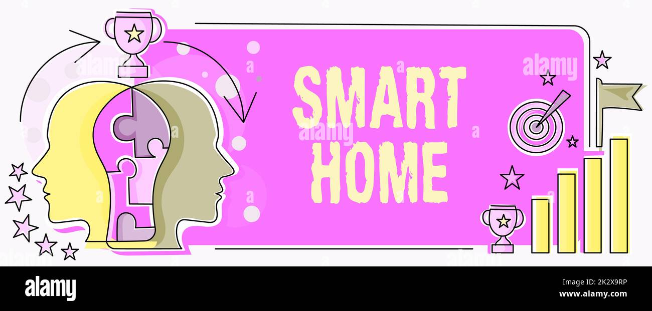 Konzeptionelle Beschriftung Smart Home. Konzept bedeutet Automatisierungssystem Steuerung Beleuchtung Klima Unterhaltungssysteme zwei Köpfe verbundenes Puzzle zeigt Problemlösung und Erfolg teilen Stockfoto