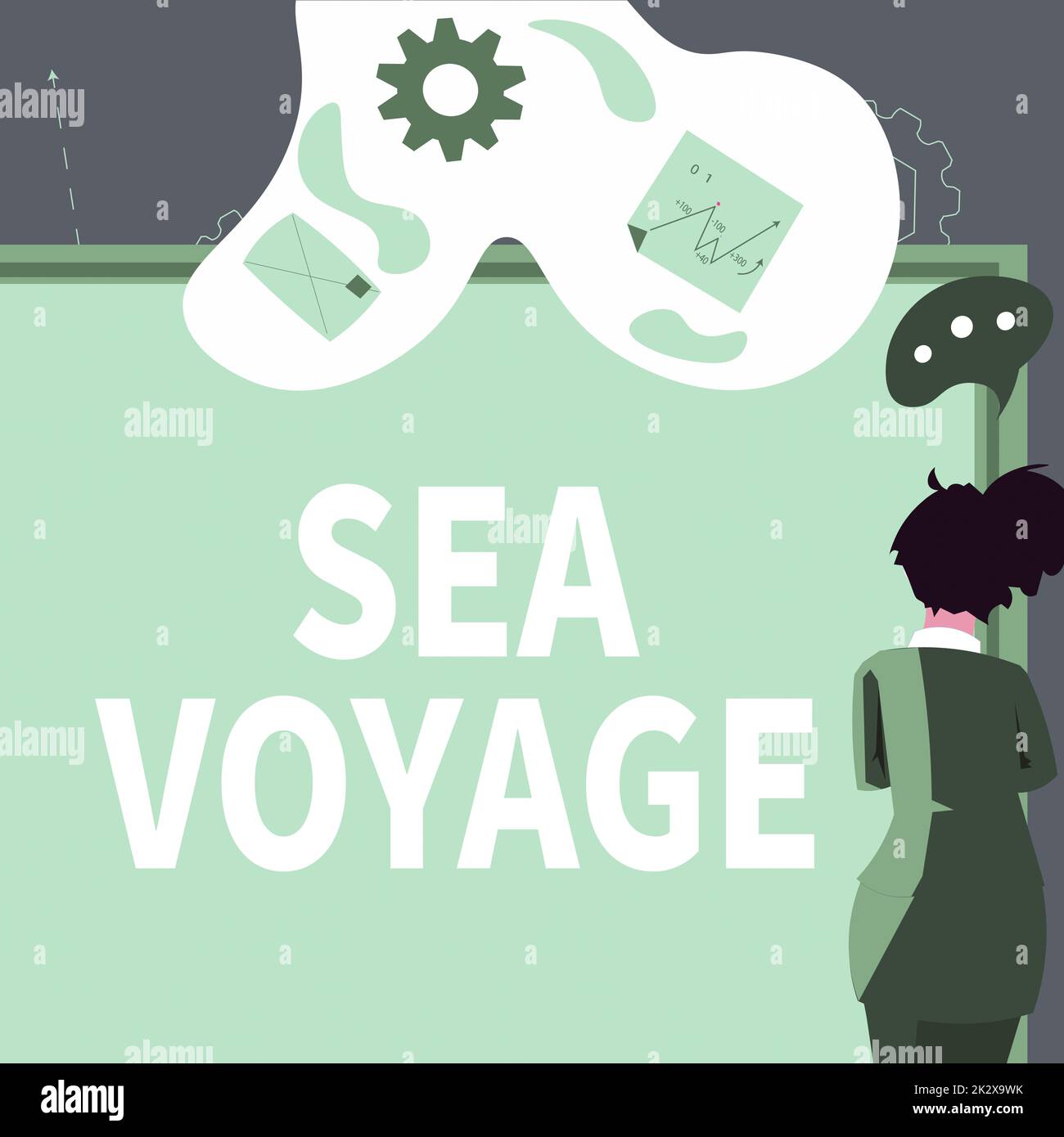 Ich schreibe den Text Sea Voyage. Geschäftsidee, die auf einem Boot durch Ozeane reitet, in der Regel für die Küstenländer, Geschäftsfrau, die einen Geschäftsvorschlag und Updates an Bord vorlegt. Stockfoto