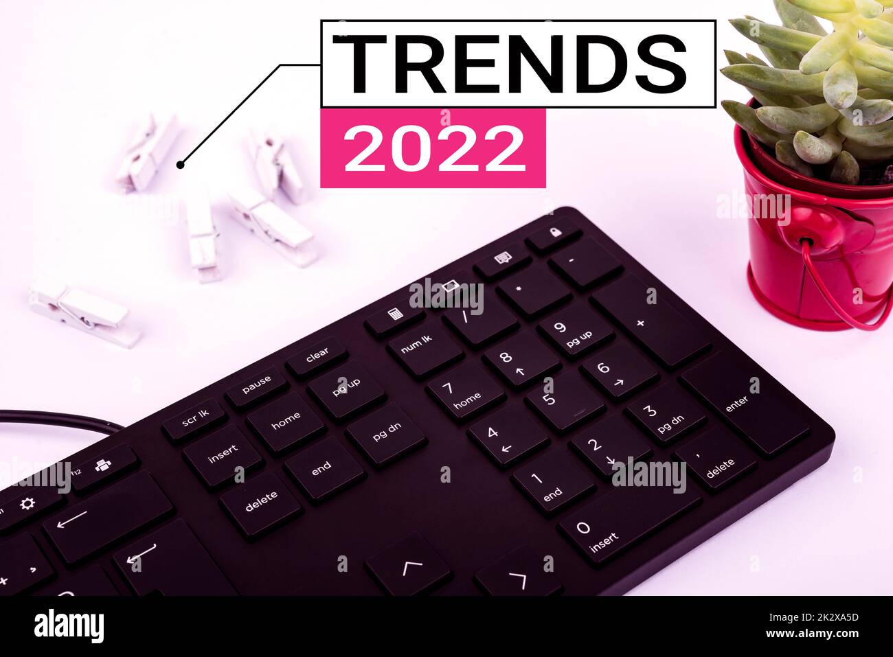 Konzeptionelle Beschriftung Trends 2022. Unternehmensübersicht im kommenden Jahr vorherrschende Tendenz weit verbreitete Online-Computertastatur und Symbol.Informationsmedium für die Kommunikation. Stockfoto