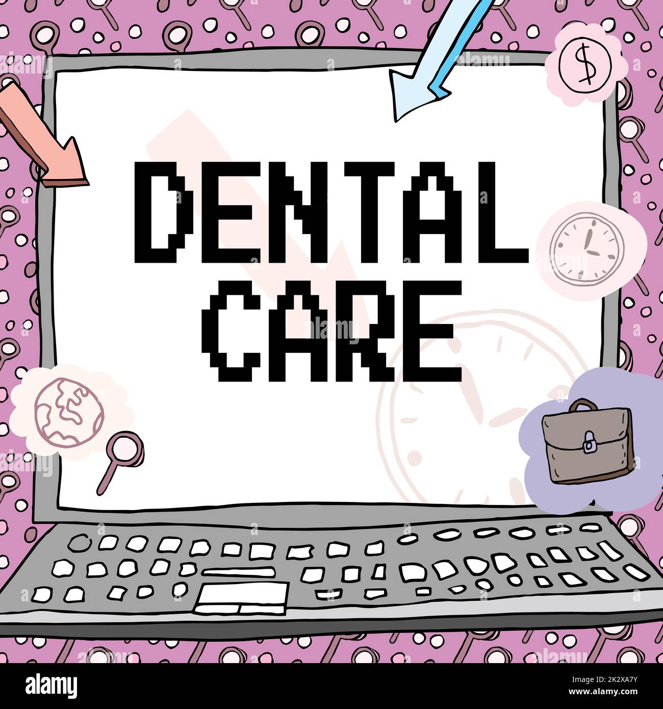 Handgeschriebenes Schild Dental Care. Ein Wort, das auf die Pflege gesunder Zähne geschrieben wurde, oder um es sauber für die Zukunft zu halten Poster dekoriert mit monetären Symbolen, die die Pünktlichkeit der Mitarbeiter zeigen. Stockfoto