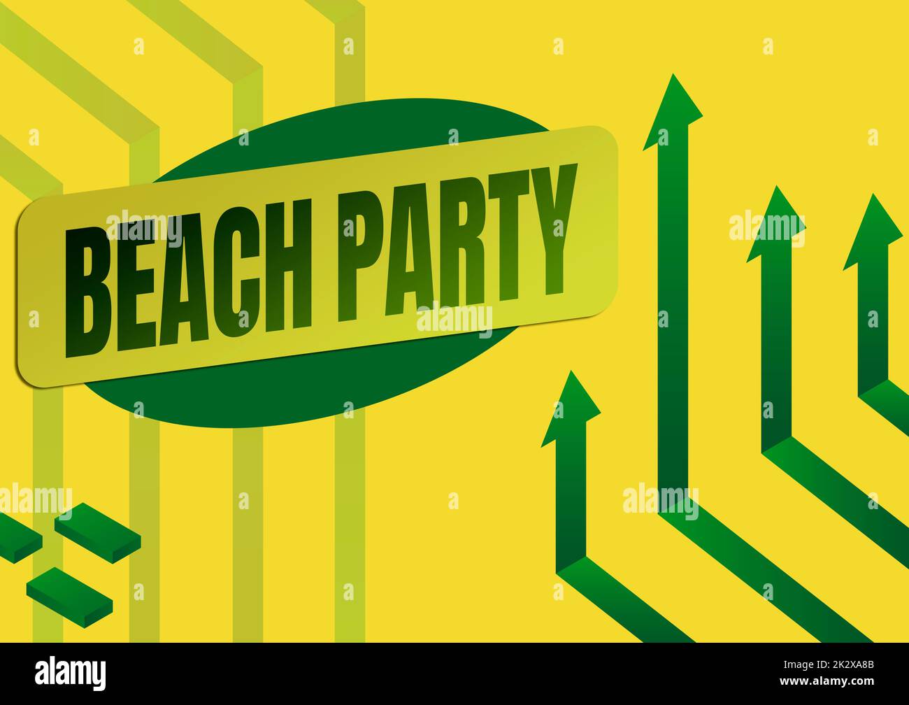 Konzeptionelle Bildunterschrift Beach Party. Ein Wort, das auf kleinen oder großen Festivals geschrieben wird, die an der Küste stattfinden und in der Regel ein Bikini-Arrow-System tragen, das nach oben zeigt und den erfolgreichen Abschluss des Projekts symbolisiert. Stockfoto