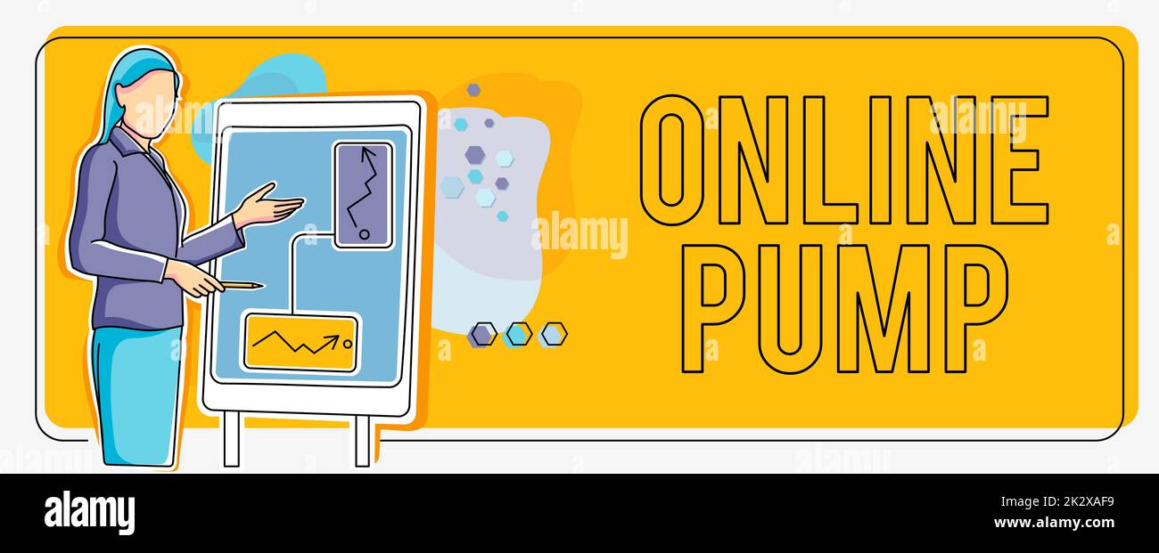 Inspiration mit dem Schild „Online Pump“. Konzeptionelles Fotogerät, das Flüssigkeit von der unteren zur höheren Ebene transportiert, eine Lady, die vor dem Hintergrund steht und eine Präsentation hält, um Projektziele zu erreichen. Stockfoto