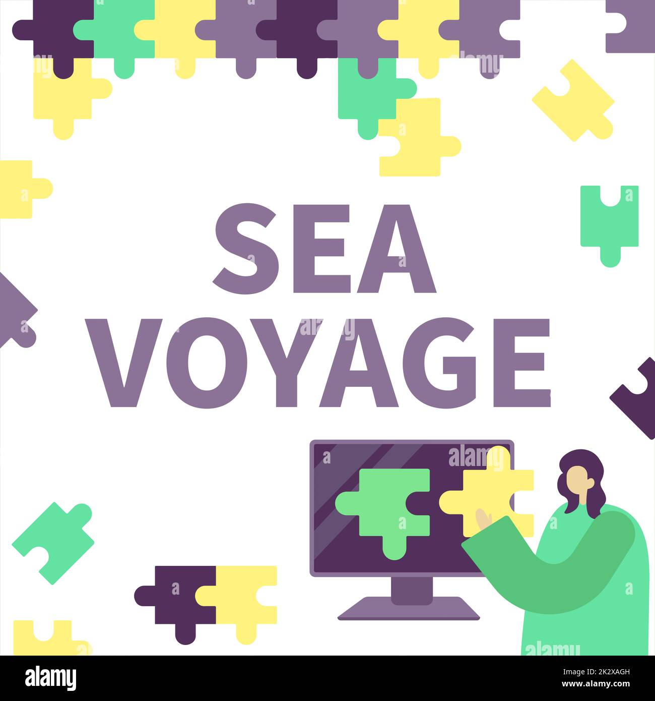 Handschrift: Sea Voyage. Ein Wort für eine Bootsfahrt durch Ozeane. Normalerweise für Küstenländer. Puzzlestück mit Lady-Hold-Puzzle, das innovative Problemlösungskonzepte repräsentiert. Stockfoto