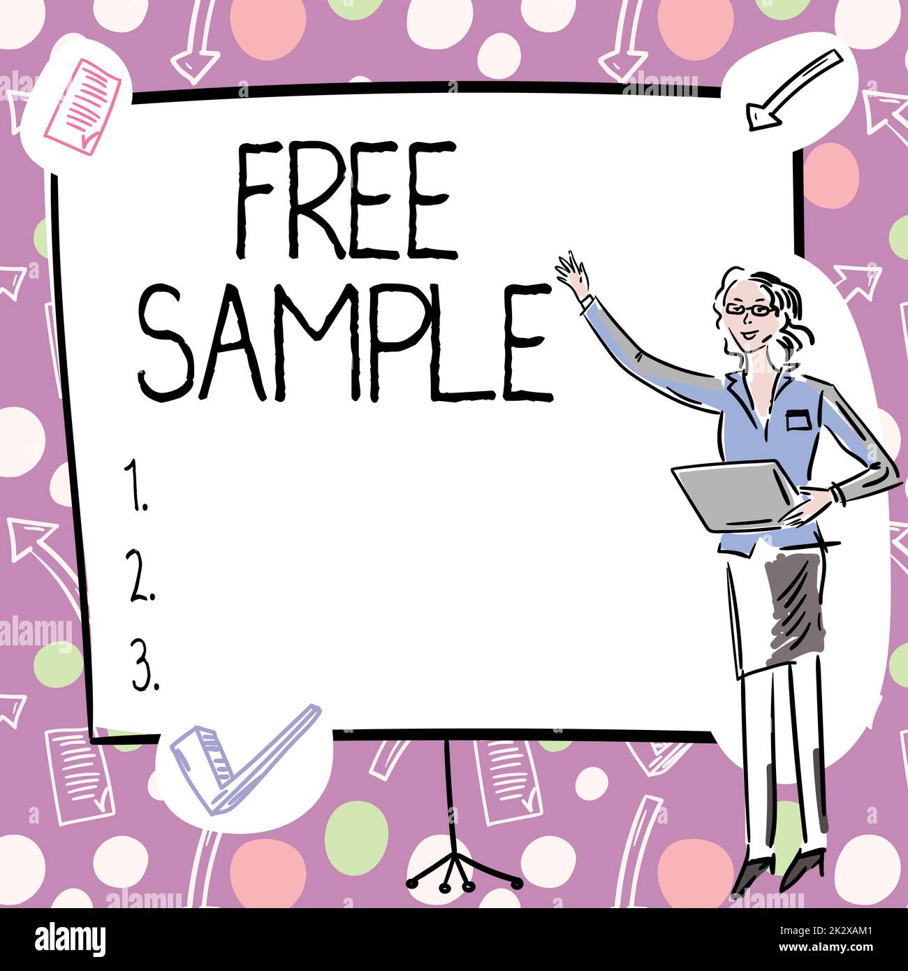 Schreiben mit Anzeige von Text Free Sample. Ein Wort für einen Teil der Produkte, die Verbrauchern in Einkaufszentren gegeben werden Geschäftsfrau mit ungezwungenem Stand präsentiert Karten und neue wundervolle Ideen. Stockfoto