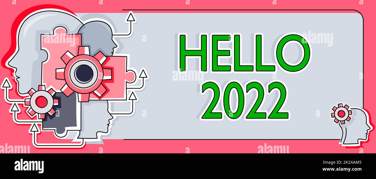 Schreiben von Text „Hallo 2022“. Business Concept hofft auf eine große Leistung für das kommende neue Jahr mehrere Köpfe mit Zahnrädern zeigen Technologieideen. Stockfoto
