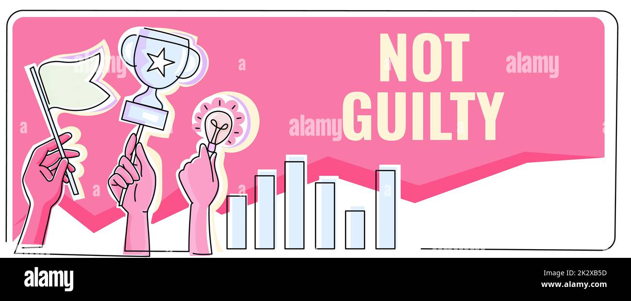 Konzeptionelle Darstellung nicht schuldig. Geschäftsansatz jemand ist unschuldig hat kein bestimmtes Verbrechen begangen Er hat freie Hände mit Flaggenzielen gehalten, Lamp Ideas Trophäe feiert Erfolg Graph Balken Stockfoto