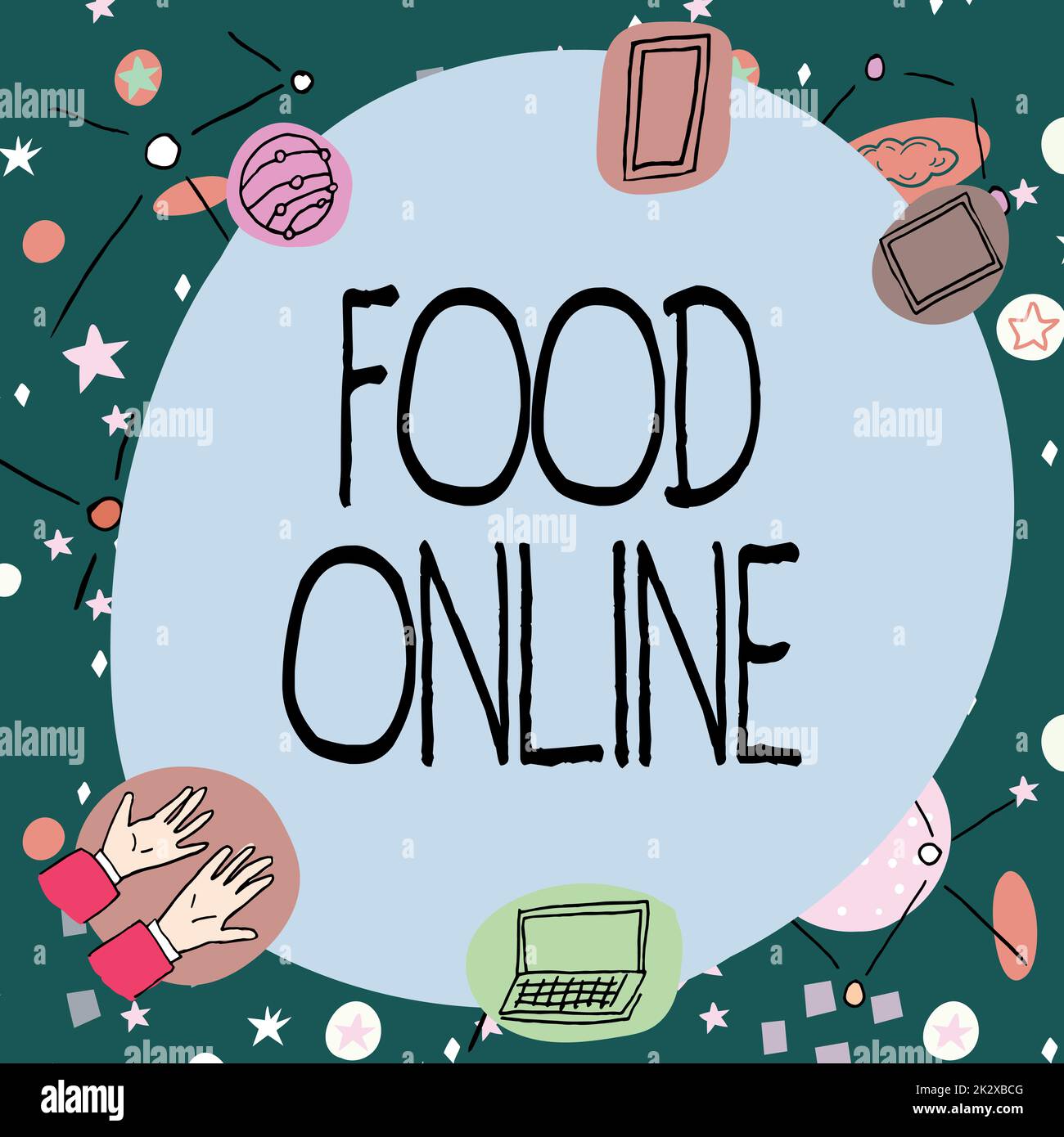 Inspiration mit dem Schild Food Online. Geschäftskonzept, das über die Telefon-App oder die Website nach etwas zu essen fragt Blanker Rahmen dekoriert mit modernen wissenschaftlichen Symbolen, die Technologie darstellen. Stockfoto