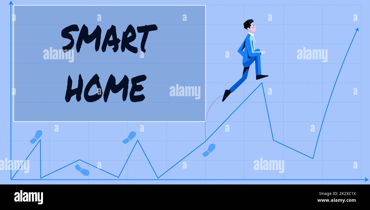 Konzeptionelle Beschriftung Smart Home. Geschäftsüberblick Automatisierungssystem Steuerung Beleuchtung Klima Unterhaltungssysteme Unternehmer steigt nach oben Wachstumsdiagramm zeigt Projekterfolg. Stockfoto
