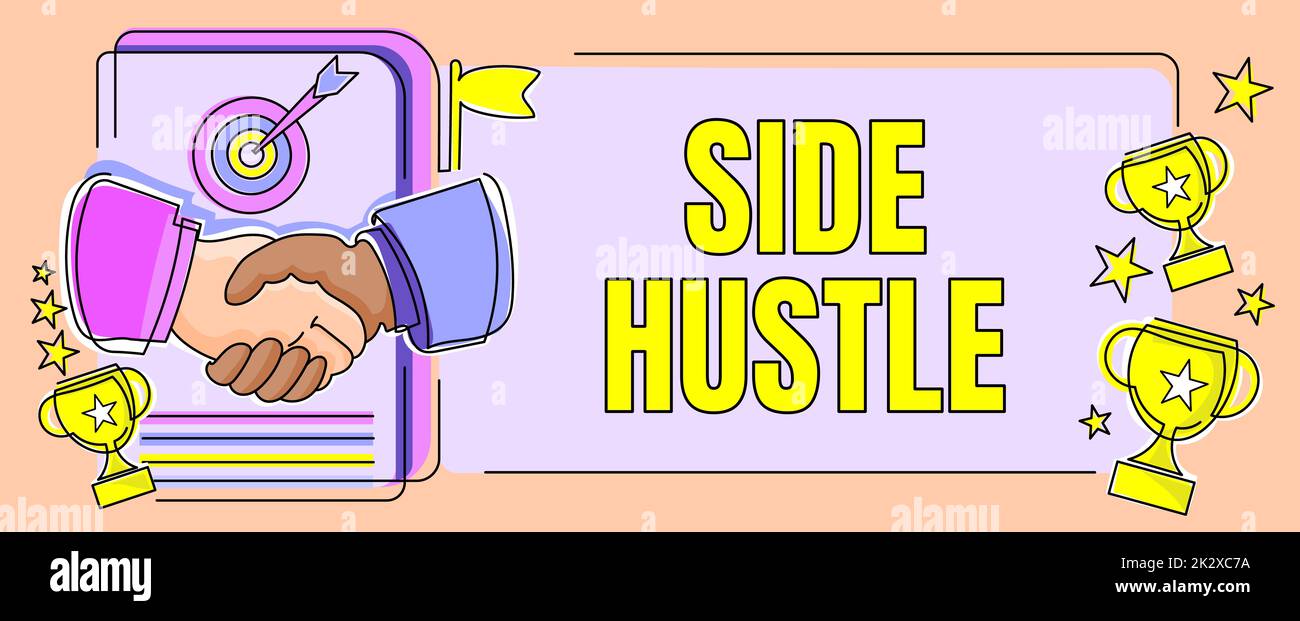 Handschrift Text Text Seite Hustle. Business Overview Way Machen Sie etwas zusätzliches Geld, das Ihnen Flexibilität gibt, Kollegen zu verfolgen. Teilen Sie Ihre Gedanken mit Sprechblasen und verschiedenen S-Produkten Stockfoto