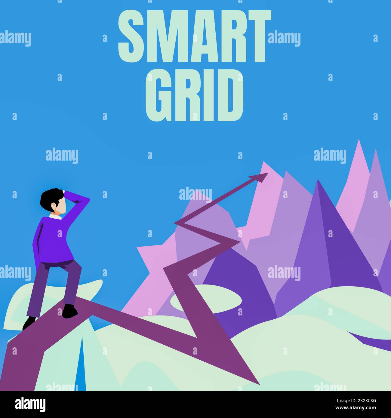 Text mit Inspiration Smart Grid. Der Geschäftsüberblick umfasst Betriebs- und Energiemessungen, darunter Messgeräte man beobachtet den Horizont und zeigt auf, was für einen zukünftigen Projekterfolg steht. Stockfoto