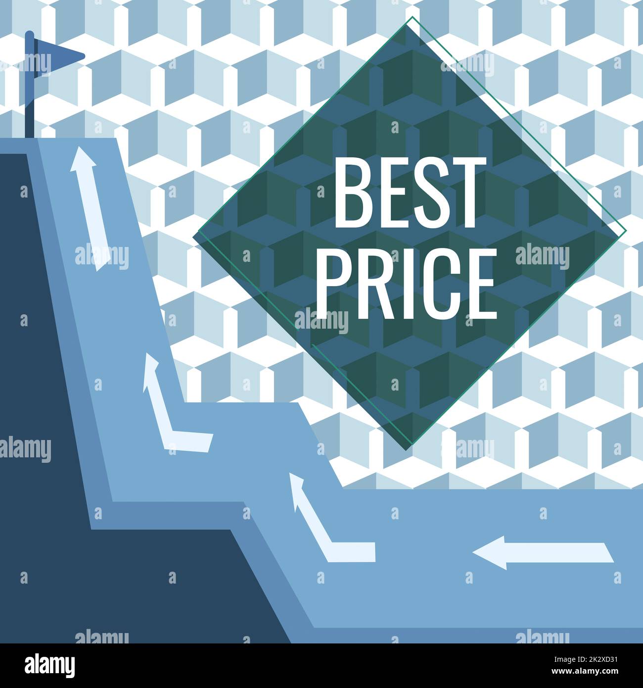 Text wird geschrieben, der den besten Preis anzeigt. Konzeptfoto Käufer oder Verkäufer können etwas für ein verkauftes Produkt kaufen oder Mountain Range Drawing mit Straße, die zu „Hupen Flag“ führt, an der Spitze kaufen. Stockfoto