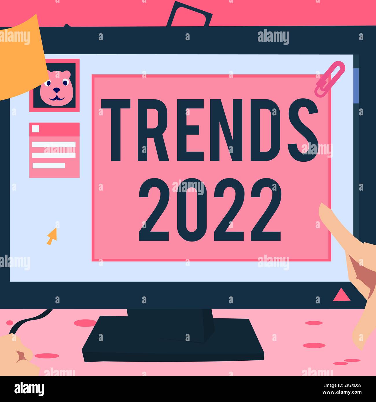 Textzeichen mit Trends 2022. Geschäftskonzept im kommenden Jahr vorherrschende Tendenz breit diskutiert Online Hand Touch Desktop Inside Webbrowser mit neuester Technologie. Stockfoto