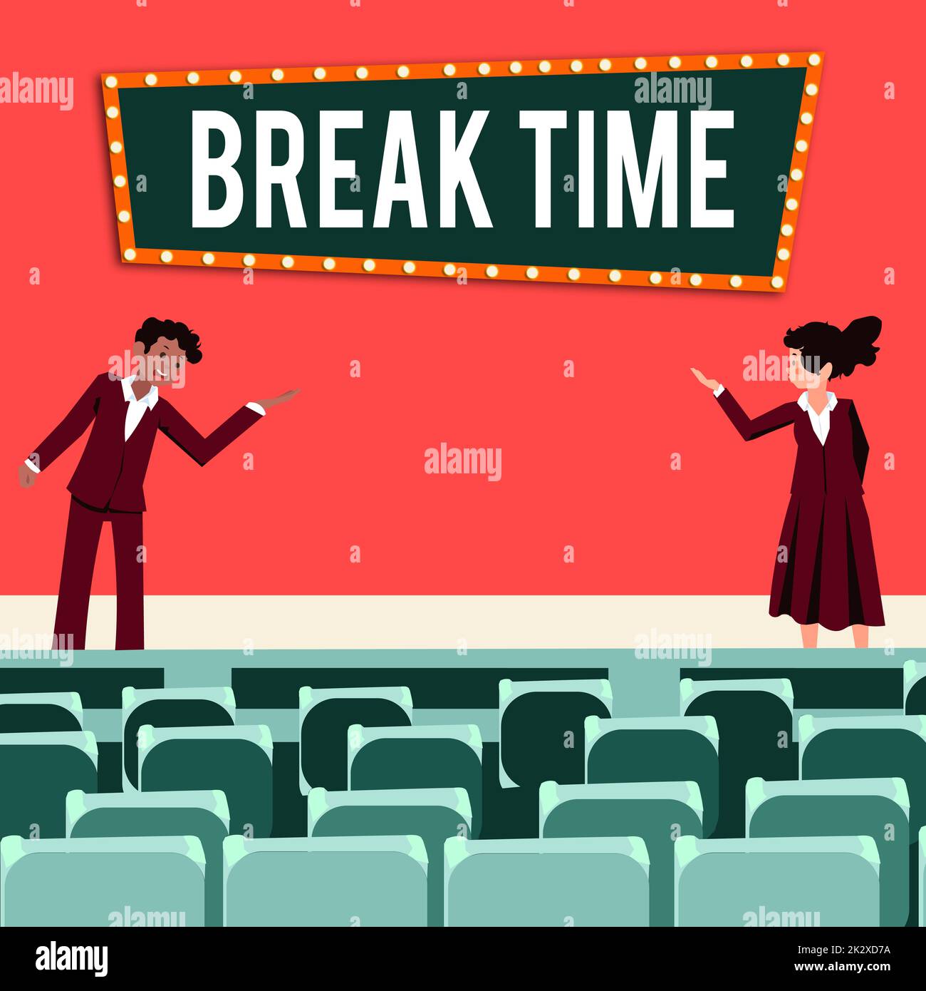 Text mit der Inspirationspause. Begriff bedeutet Ruhezeit oder Erholung nach der Arbeit männliche und weibliche Kollegen, die mit Handgesten auf der Bühne Präsentationen halten. Stockfoto