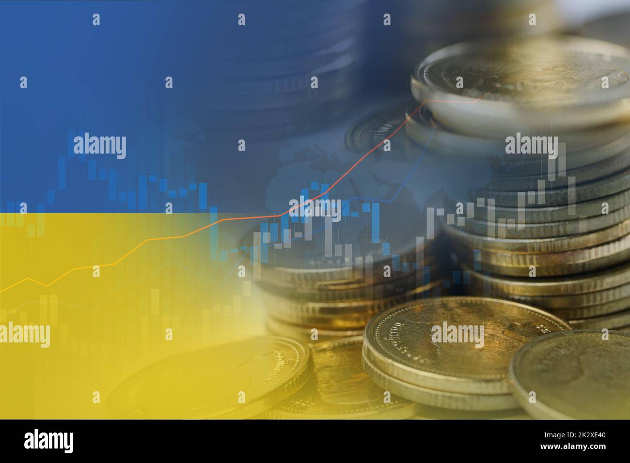 Aktienmarkt Investment Trading Finanz-, Münze und Ukraine Flagge oder Forex für die Gewinnfinanzierung Geschäft Trend Daten Hintergrund analysieren. Stockfoto