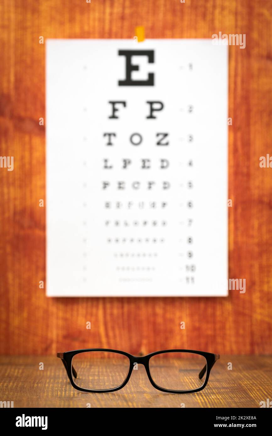 Augenprüfungstabelle mit Brille Stockfoto