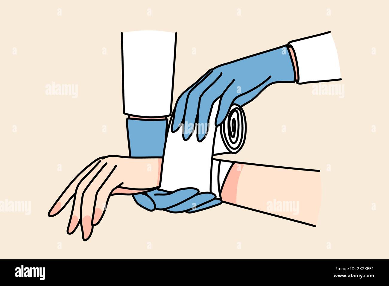 Der Arzt hat einen Verband am Handgelenk des Patienten angebracht Stockfoto