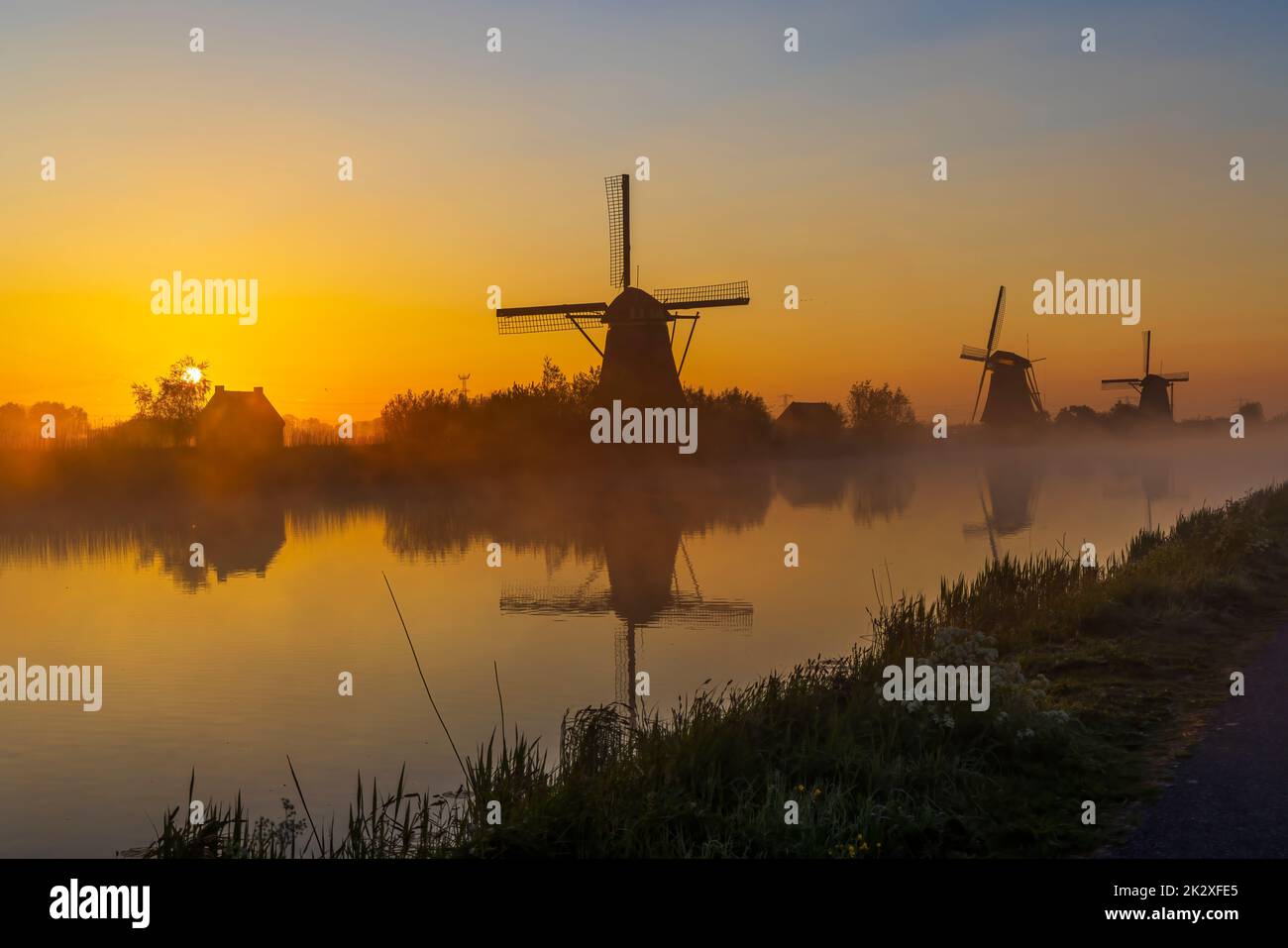 Traditionelle niederländische Windmühlen mit einem bunten Himmel kurz vor Sonnenaufgang in Kinderdijk, Niederlande Stockfoto