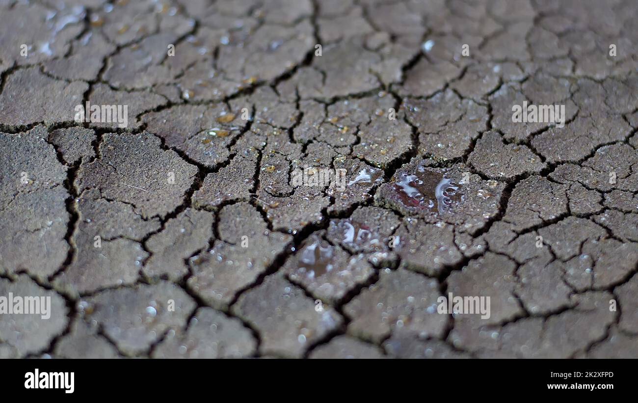 Wassertropfen Fallen Auf Trockenen Zerbrochenen Boden Der Dürre Stockfoto