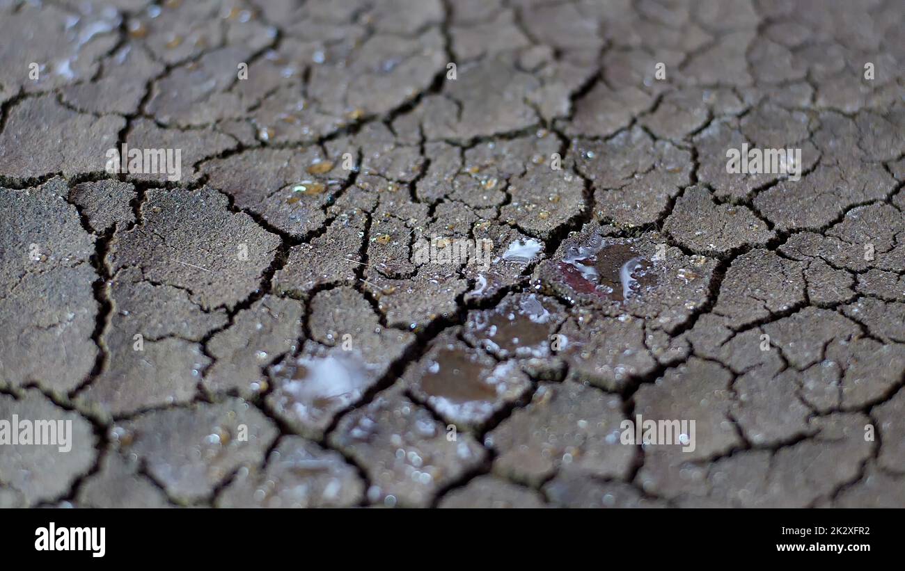 Wassertropfen Fallen Auf Trockenen Zerbrochenen Boden Der Dürre Stockfoto