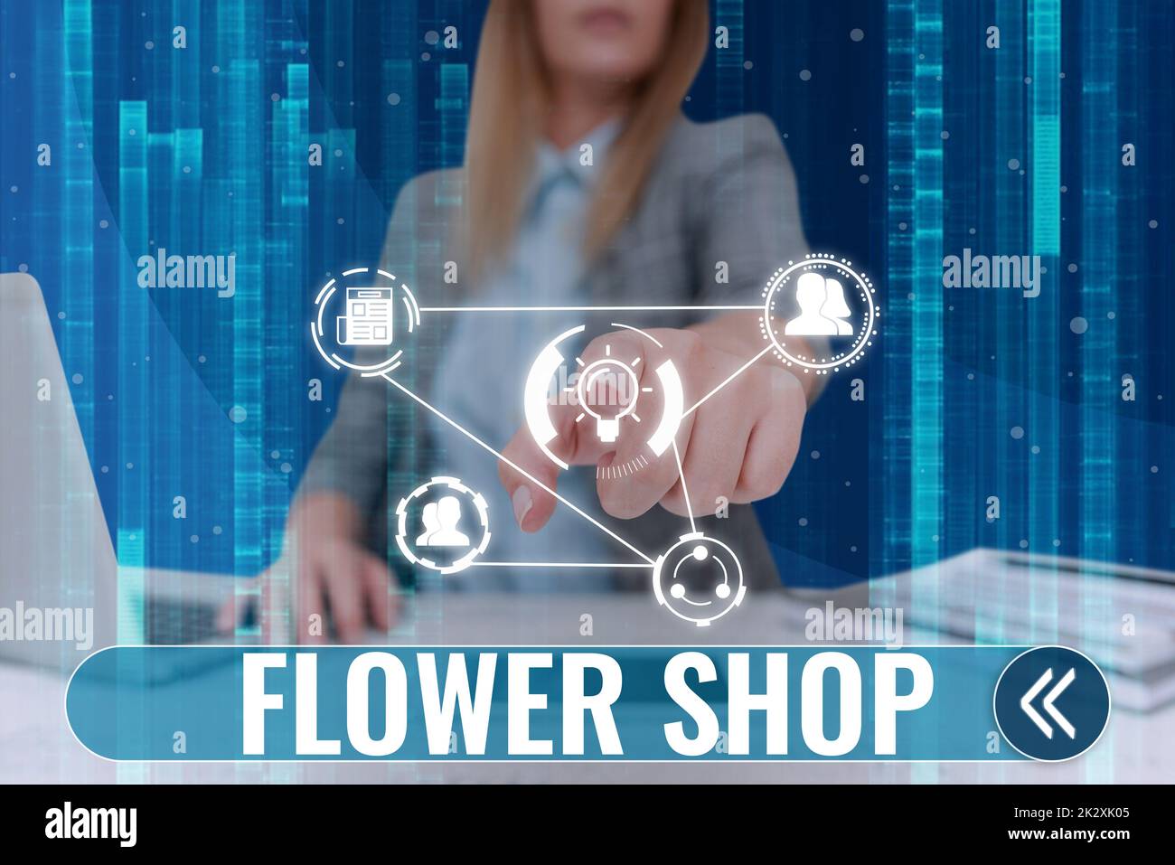 Schild mit Blumenladen. Das Wort, wo Schnittblumen mit Dekorationen für Geschenke verkauft werden Lady im Anzug Zeigefinger steht für globales innovatives Denken. Stockfoto