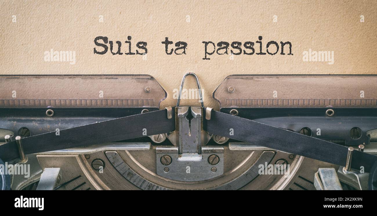 Text mit einer Vintage-Schreibmaschine geschrieben - Folgen Sie Ihrer Leidenschaft auf französisch - Suis ta Passion Stockfoto