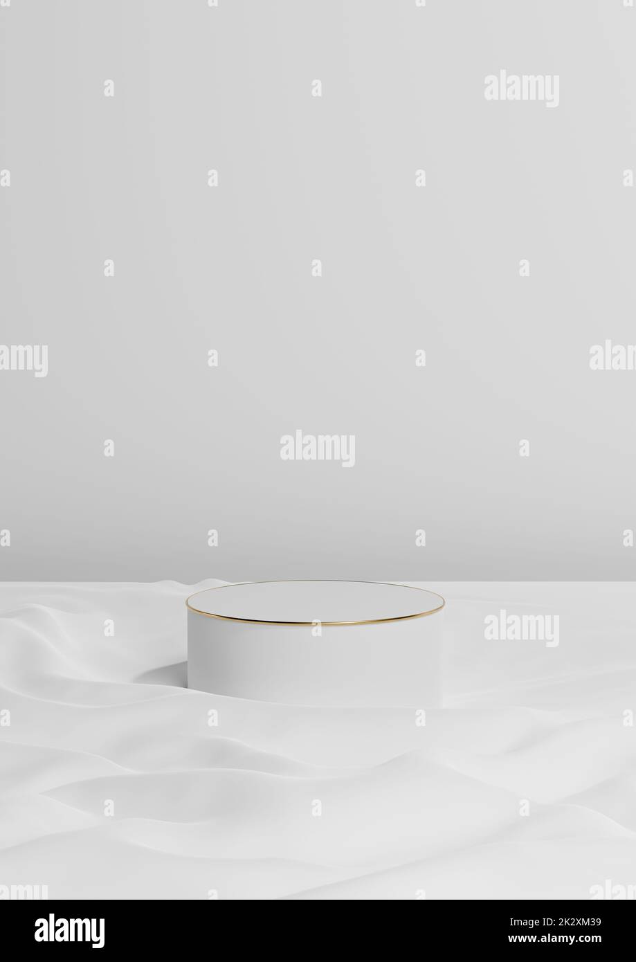 Weiß, Hellgrau, Schwarz und Weiß 3D-Darstellung minimaler Produktanzeige ein luxuriöses Zylinderpodium oder Ständer auf gewellter Textilhintergrundtapete abstrakte Komposition mit goldener Linie Stockfoto