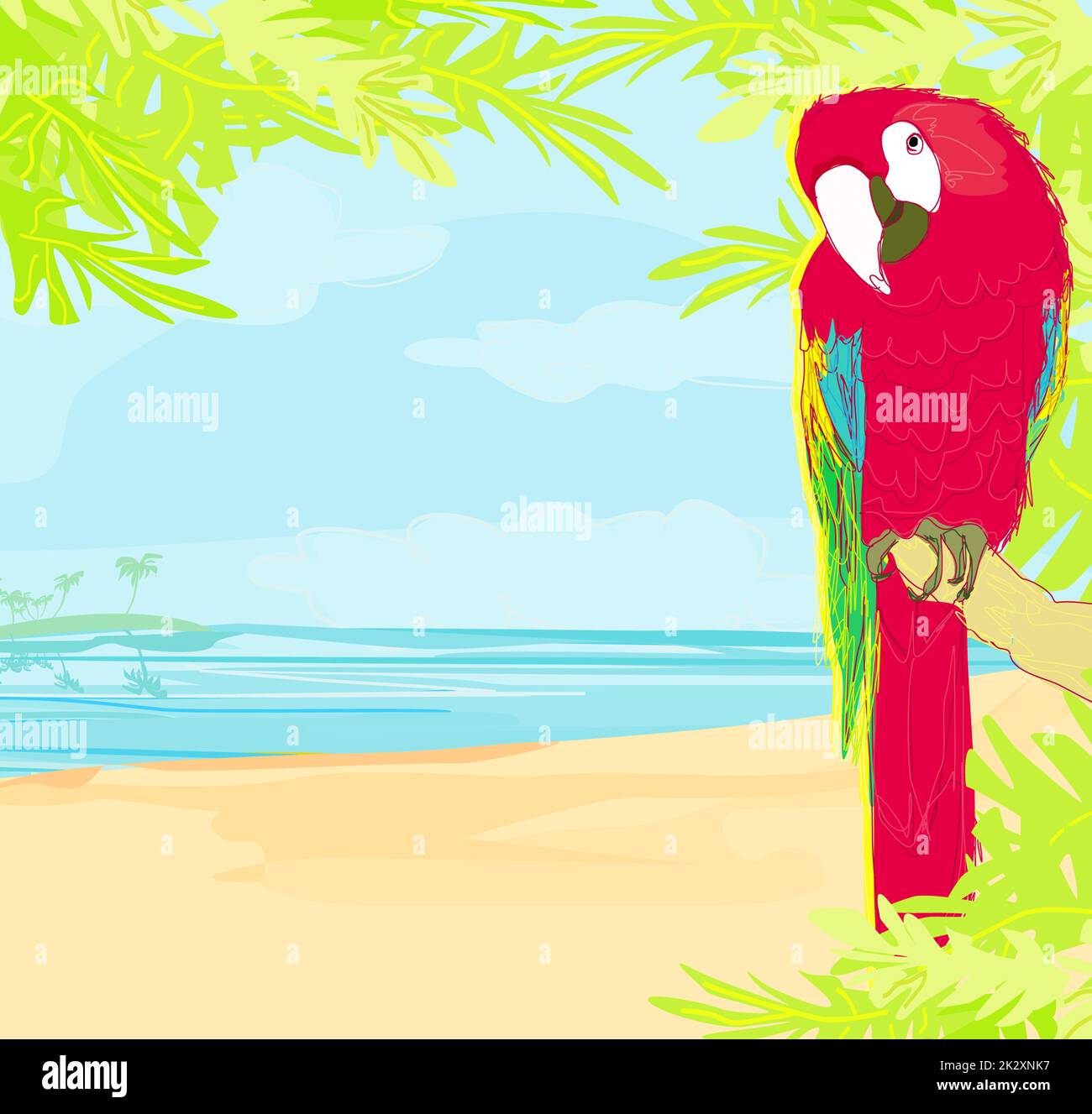 Bunte Papagei Vogel sitzt auf dem Hochsitz am Strand Stockfoto