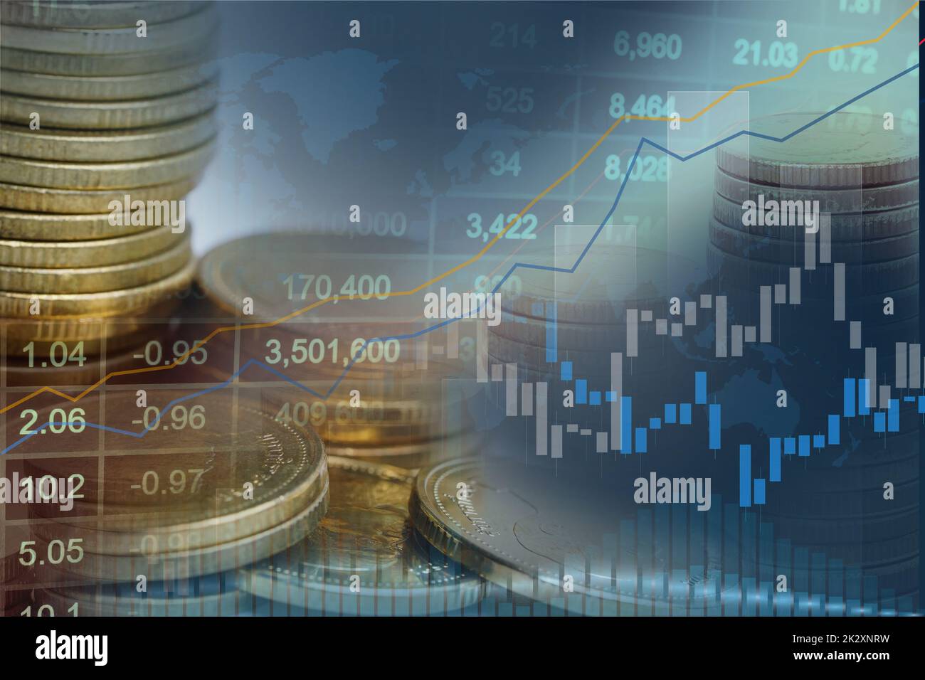 Börse investment trading Finanz-, Münz- und Grafik oder Forex für analysieren profit Finance Geschäft Trend daten Hintergrund. Stockfoto