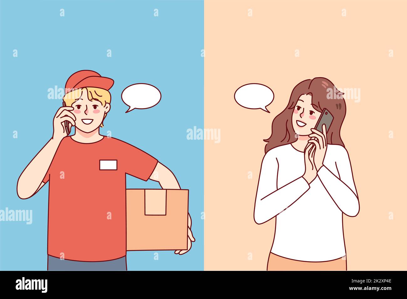 Frau, die mit dem Liefermann telefoniert Stockfoto