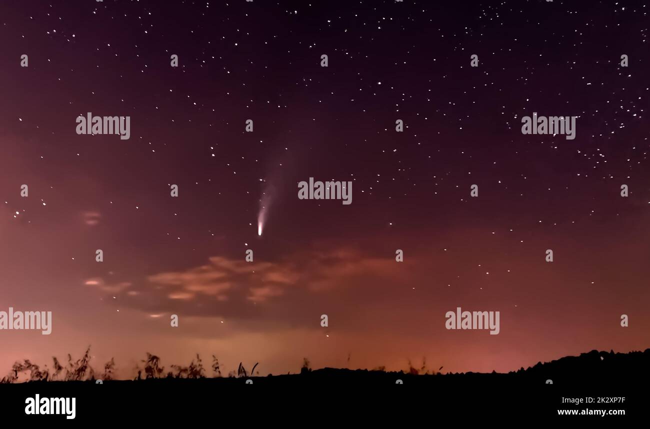 Ich sehe Comet Neowise C/2020 F3 in Night Sky. Es war bei 2020-07-19. Stockfoto