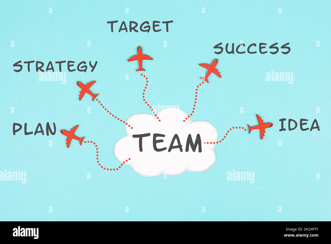 Wolke mit dem Wort Team, rote Flugzeuge, die in verschiedene Richtungen fliegen, Wörter wie Plan, Ziel, Idee, Strategie und Erfolg stehen am Himmel, Teamwork in der Wirtschaft Stockfoto
