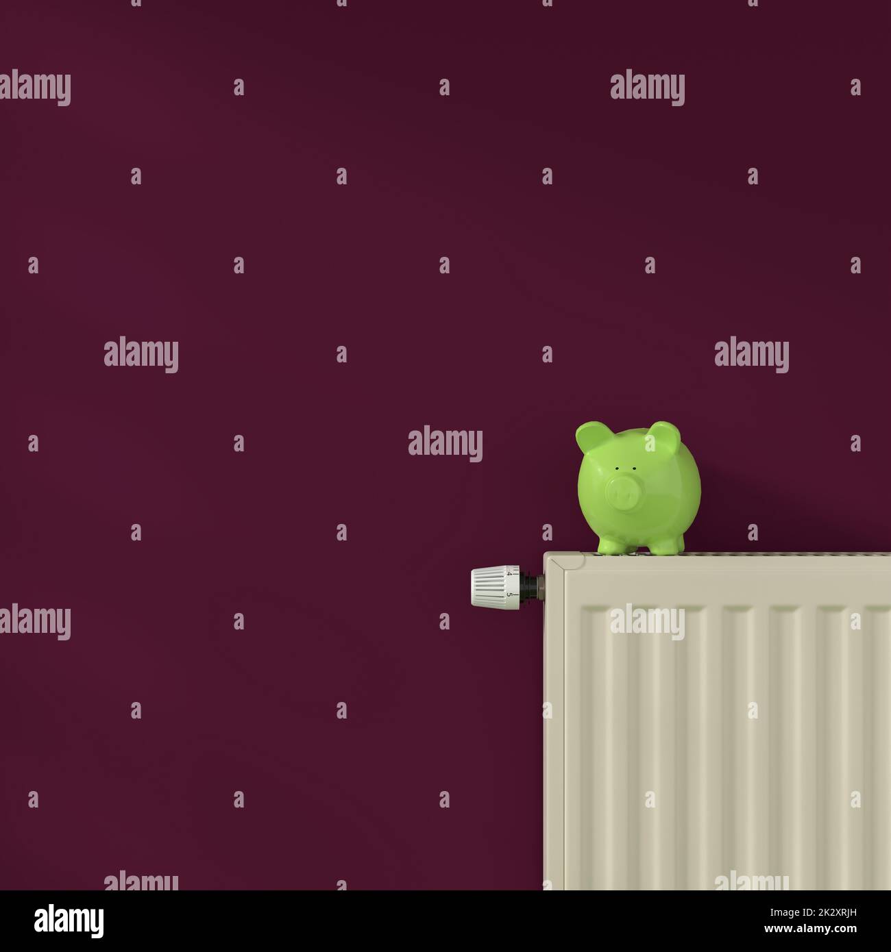 Flacher Heizkörper mit grünem Sparschwein in einem burgunderroten Raum. Energiesparkonzept. Stockfoto