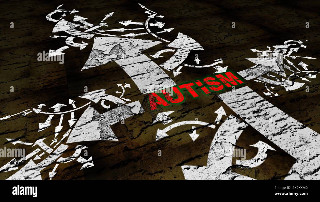 Text zur Autismus-Störung an einer Kreuzung auf verschiedene Arten von Pfeilen Stockfoto