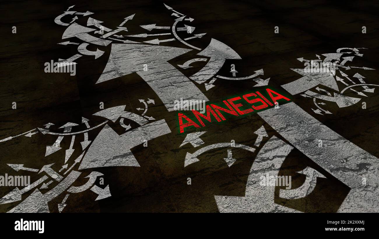 Amnesia Text auf einer Kreuzung in verschiedenen Arten von Pfeilen auf grunge Hintergrund Stockfoto