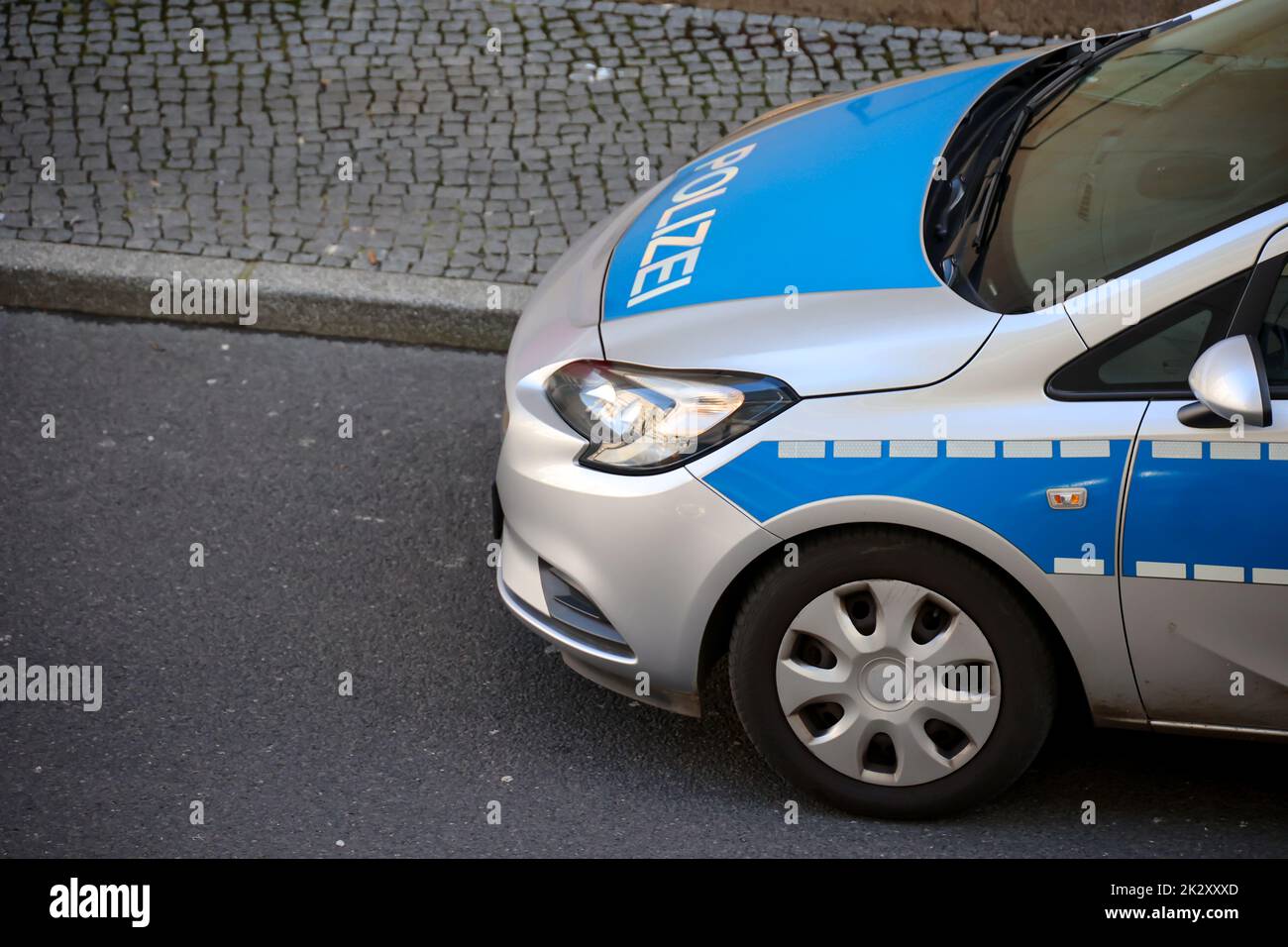 Eine detaillierte Ansicht eines Polizeiwagens, eines Polizeiwagens. Stockfoto