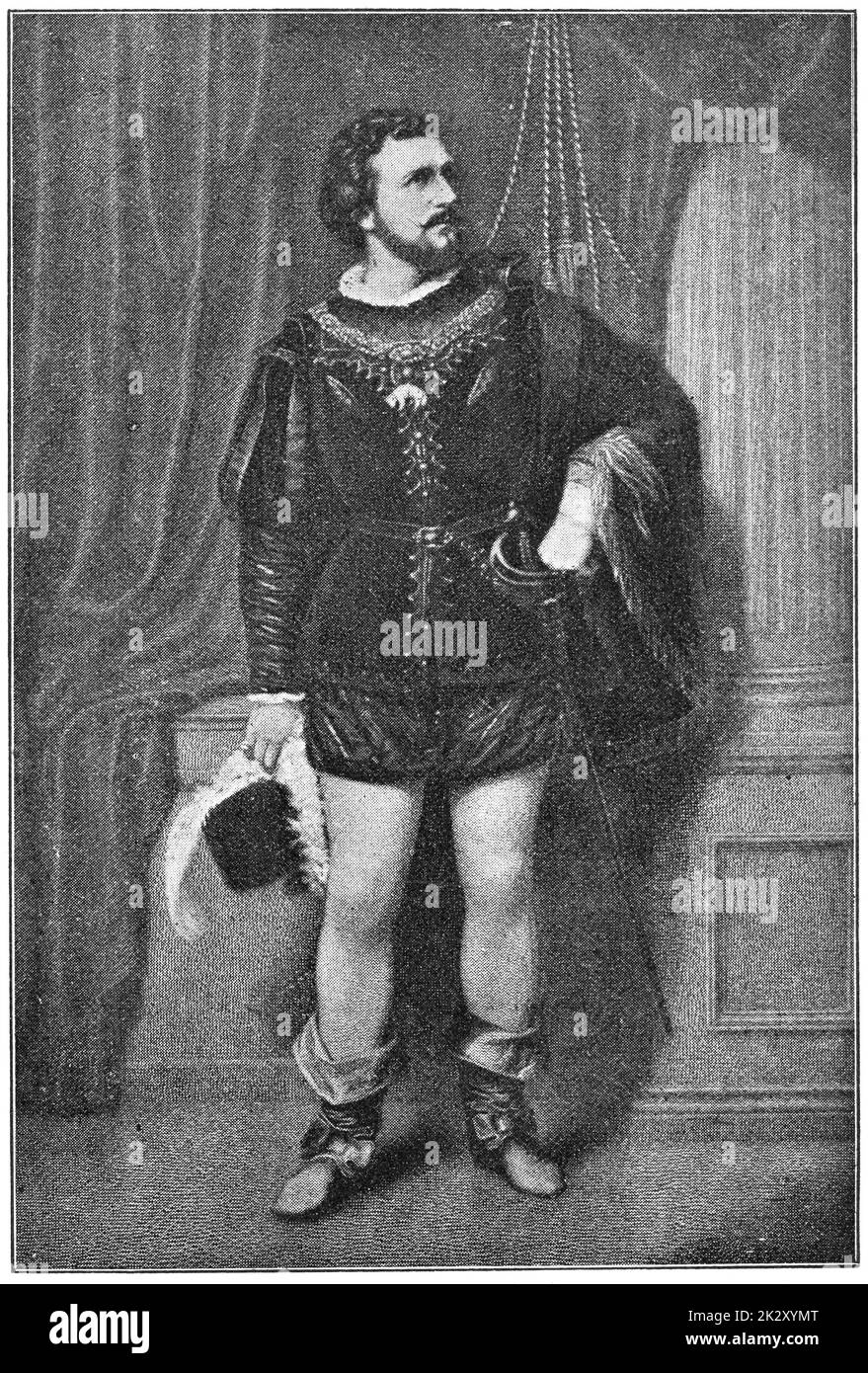 Marquis von Posa (Don Carlos ist eine große Oper in fünf Akten), aufgeführt von einem deutschen Bariton - Eduard Devrient. Illustration des 19. Jahrhunderts. Weißer Hintergrund. Stockfoto