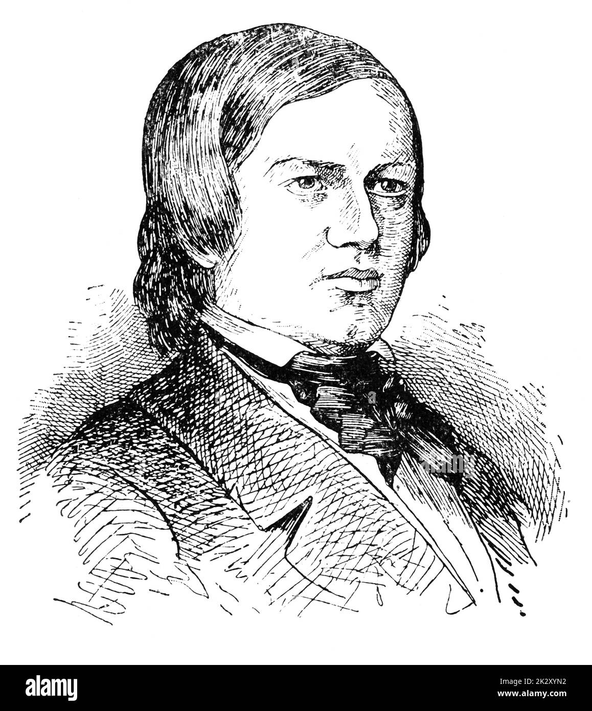 Porträt von Robert Schumann - einem deutschen Komponisten, Pianisten und einflussreichen Musikkritiker. Illustration des 19. Jahrhunderts. Weißer Hintergrund. Stockfoto