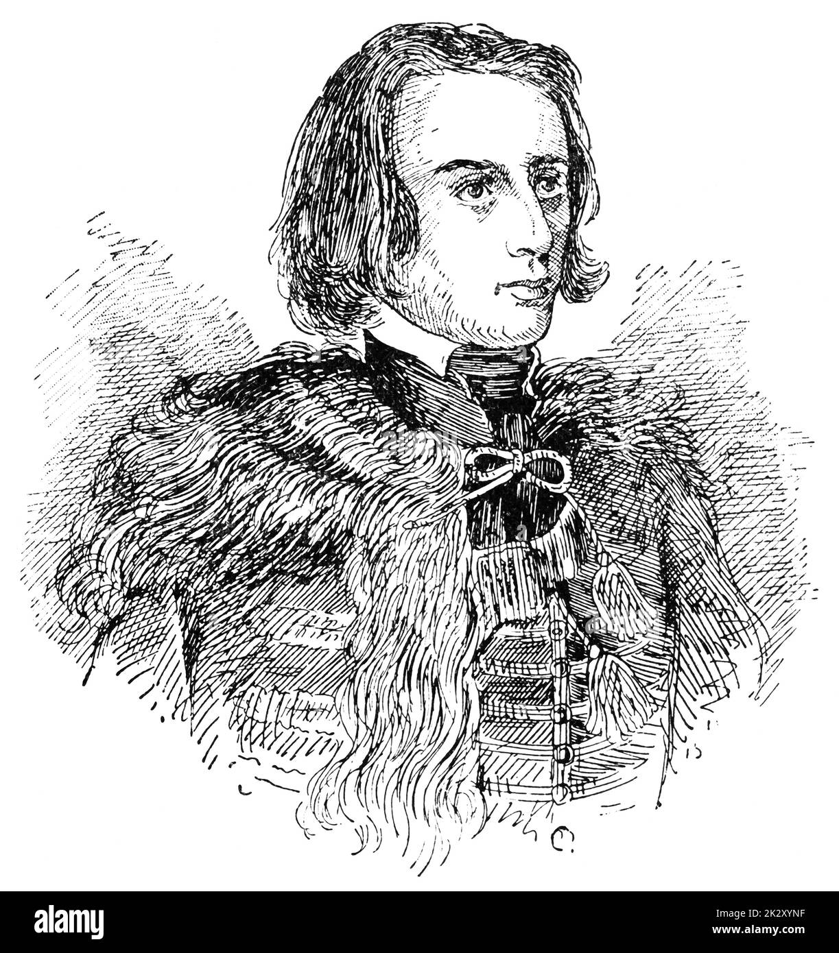 Porträt von Franz Liszt (junge Jahre) - ein ungarischer Komponist, virtuoser Pianist, Dirigent, Musiklehrer, Arrangeur und Organist der Romantik. Illustration des 19. Jahrhunderts. Weißer Hintergrund. Stockfoto