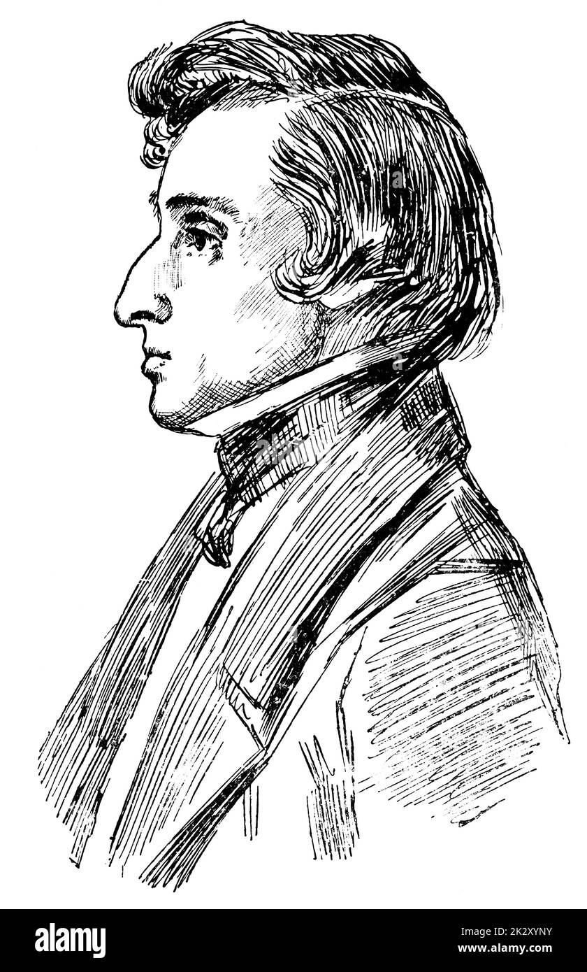 Porträt Frederic Chopins - ein polnischer Komponist und virtuoser Pianist der Romantik, der vor allem für Solo-Klavier schrieb. Illustration des 19. Jahrhunderts. Weißer Hintergrund. Stockfoto
