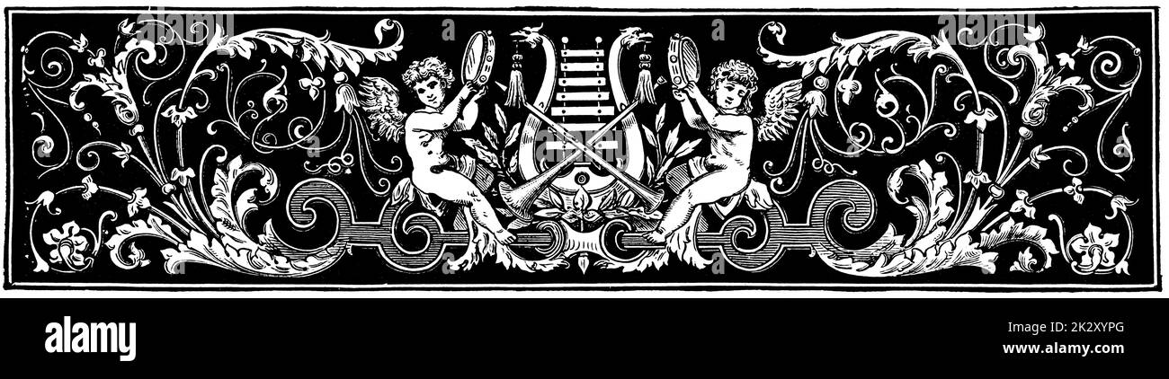 Abstraktes florales Ornament mit Engeln (Cupids), die Tamburin, Xylophon und Pfeife spielen. Trennzeichen von Kapiteln in einem Buch. Illustration des 19. Jahrhunderts. Weißer Hintergrund. Stockfoto