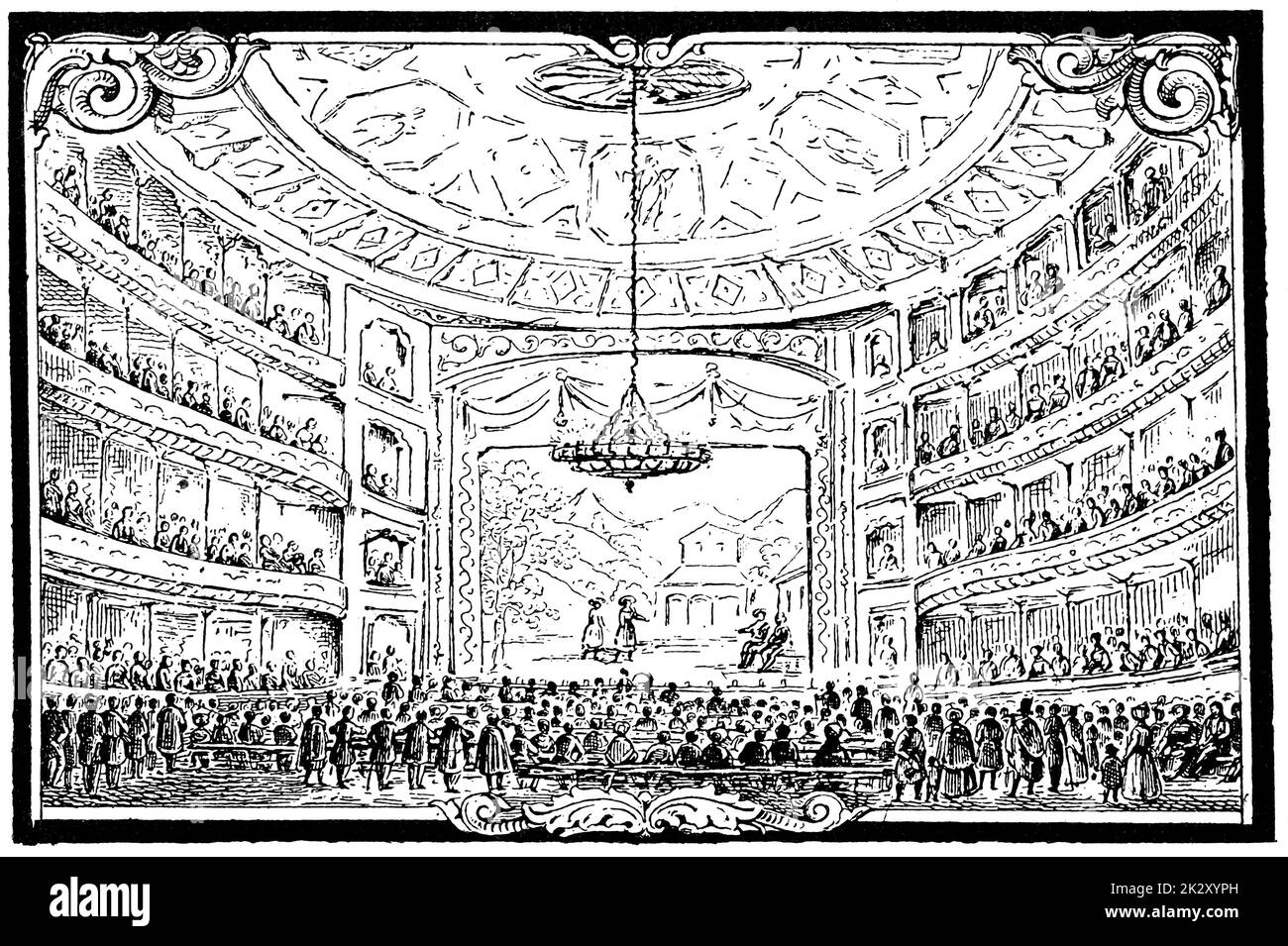 Interieur des Thalia Theaters (Hamburg). Illustration des 19. Jahrhunderts. Weißer Hintergrund. Stockfoto